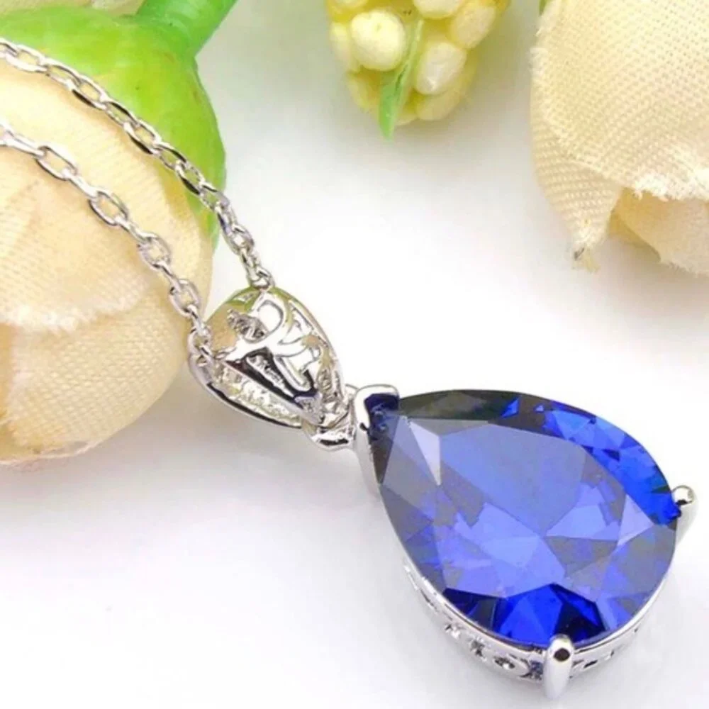 Blue Topaz Teardrop Pendant Necklace 925 Sterling Silver Plated
